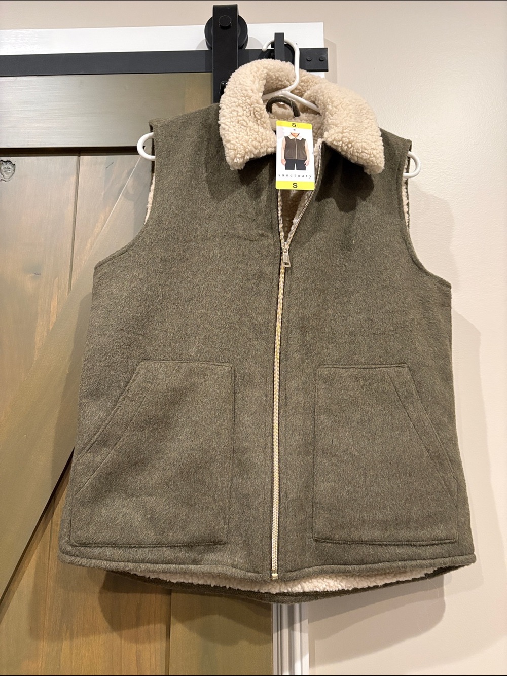 Sanctuary Olive Green Sherpa-Lined Vest with Cream Collar